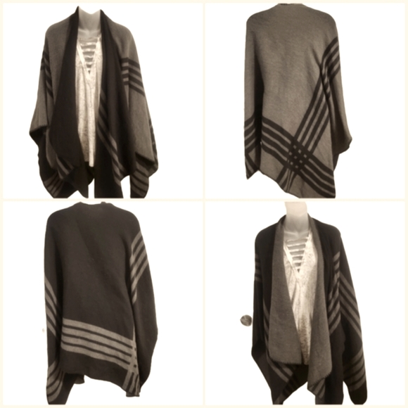 BB Dakota Reversible Blanket Shawl Poncho Sweater Black/ Grey OS Great Condition - Picture 2 of 3